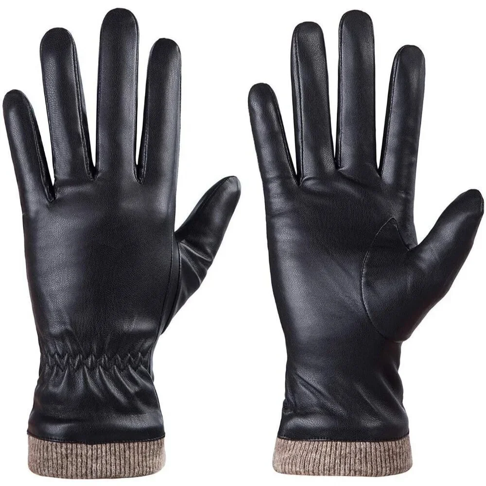 Women's Black Winter Leather Gloves Wool Fleece Lined Thermal Touchscreen